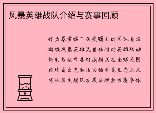 风暴英雄战队介绍与赛事回顾