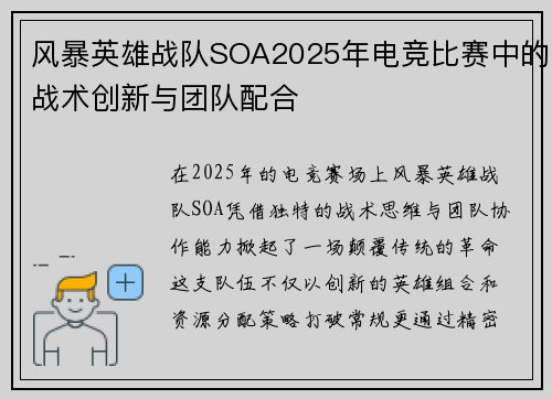 风暴英雄战队SOA2025年电竞比赛中的战术创新与团队配合